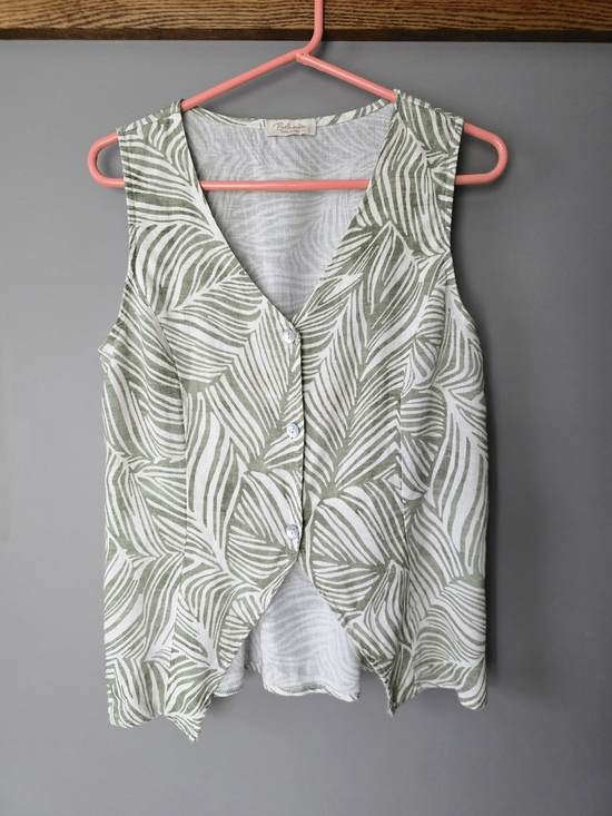 Bellambra Tops - Made In Italy Linen-Blend Palm Leaf Sleeveless Top/Vest With Smocked Back Waist